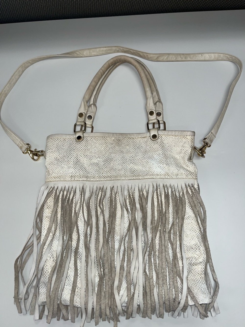 B-Low the Belt White & Gold Fringe Leather & Canvas Shoulder Bag